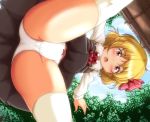   1girl blonde_hair blush dress fang from_below hair_ribbon looking_at_viewer looking_down open_mouth panties pink_eyes ribbon rumia solo stockings touhou underwear white_legwear white_panties yoriyuki_chiyo  