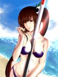 1girl arc_system_works beach between_breasts bikini black_hair blazblue blazblue:_calamity_trigger breasts hiro_(bonby) lao_jiu litchi_faye_ling long_hair no_glasses ocean polearm ponytail purple_bikini red_eyes signature solo staff swimsuit very_long_hair weapon