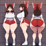 1girl ai_generated ass big_ass big_breasts booty_shorts breasts dolphin_shorts fundoshilover101 huge_ass reimu_hakurei touhou