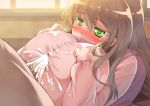 1girl blush breasts brown_hair cum cum_in_clothes cum_on_body cum_on_breasts cum_on_clothes cum_on_upper_body ejaculation engulfing_paizuri huge_breasts long_hair lying matsumi_yuu ndotti1 on_back paizuri paizuri_under_clothes pajamas penis penis_under_clothes saki_(series) saki_achiga-hen uncensored underboob upper_body