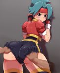   1girl against_wall angry ass ass_grab blue_hair blush cameltoe fingerless_gloves gloves hand_under_clothes headband high_res hinata_(pokemon) huge_ass hun looking_back nintendo pokemon pokemon_ranger pokemon_ranger_(game) red_eyes short_hair spandex sweat tears stockings under_clothes  