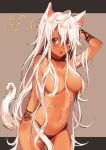 1girl :o animal_ears arisaka_ako arm_up belly big_breasts black_panties breasts brown_eyes censor_hair choker dark_skin hair hair_censor large_breasts long_hair looking_at_viewer messy_hair midriff navel original panties sketch smile solo tail topless underwear very_long_hair white_hair wolf_ears wolf_tail