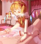 1girl blonde_hair blood blush bottomless defloration flandre_scarlet flat_chest hetero highres hira_(nanika_no_heya) holding_hands nail penis petite pussy sex short_hair smile symbol-shaped_pupils text_focus thighhighs touhou vaginal