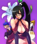  3_girls 3girls animal_hood arakune arc_system_works bare_shoulders beret big_breasts black_hair blazblue blazblue:_calamity_trigger breasts cat_hood cleavage cleavage_cutout detached_sleeves flower glass halterneck hat hood kageaki lao_jiu large_breasts lily_(flower) litchi_faye_ling long_hair multiple_girls neck_tie necktie noel_vermillion panda ponytail taokaka 