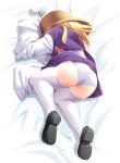 1girl ass bed_sheet blonde_hair dragon_ball female female_only hat legs meme moriya_suwako nakajou panties parody revision short_hair solo_female stockings touhou underwear white_legwear white_panties wide_sleeves yamcha_death_pose