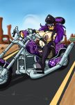  amber_eyes anthro avian big_breasts bird breasts duck ear_piercing female hair half-closed_eyes harley_(lordstevie) hat headgear heart lordstevie motorcycle navel nipples non-mammal_breasts original outside piercing pubic_hair purple_hair pussy sky smile 