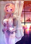 1girl alternate_costume breasts bridal_gauntlets cleavage cloud cross cross_necklace curtains eyeball female fukuda_shuushi hairband heart highres jewelry komeiji_satori necklace ocean open_mouth pink_hair purple_eyes short_hair sky solo stockings sunset thighhighs third_eye touhou white_legwear window