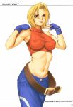 1girl blonde_hair blue_eyes blue_mary blue_pants breasts character_name female female_only jeans king_of_fighters midriff nipples saigado snk solo sweat tagme the_yuri_&_friends