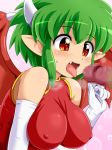 1boy 1girl big_breasts breasts cum cum_on_breasts draco_(puyopuyo) draco_centauros erect_nipples fang fellatio gloves green_hair hair happy heart_shape horns konpeto madou_monogatari monster_girl oral penis pointy_ears puyo_puyo red_eyes saliva skin_tight smile steam tongue wings