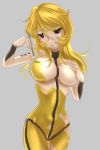  1girl aoimasaru3103 big_breasts blonde_hair bodypaint breasts cosplay grey_background kill_bill long_hair orange_eyes solo uma_thurman 