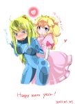 2011 2_girls 2girls big_breasts blonde_hair blue_eyes blush breasts dated female_only hair heart mario_(series) metroid multiple_girls new_year nintendo princess_peach samus_aran super_mario_bros. super_smash_bros. tears yukimimi yuri zero_suit