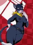 1girl 1girl anthro atlus breasts crossgender domestic_cat felid feline felis furry geeflakes genitals high_res looking_at_viewer mammal megami_tensei megami_tensei_persona morgana_(persona) mostly_nude navel nipples pussy video_games