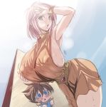 1boy 1girl blue_eyes blush breasts brown_hair butz_klauser final_fantasy final_fantasy_v green_eyes huge_breasts inverted_nipples kloah lenna_charlotte_tycoon nipples open_mouth pink_hair short_hair sweat