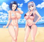  0byte 2girls alluring beach big_breasts bikini black_bikini blue_hair breasts closed_eyes cloud covered_nipples erect_nipples hair hairband idolmaster legs long_hair miura_azusa multiple_girls ocean red_eyes shijou_takane short_hair silver_hair sky swimsuit thighs voluptuous white_bikini white_swimsuit 