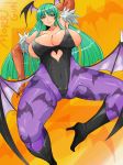 1girl bare_shoulders bat_print bat_wings breasts bridal_gauntlets capcom cleavage demon_girl elbow_gloves gloves green_eyes green_hair head_wings high_heels high_res highres huge_breasts leotard long_hair morrigan_aensland pantyhose shoes smile solo succubus u-ma vampire_(game) wings yuumano_yuuki