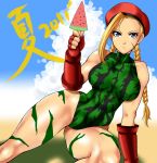  1girl :&lt; abs absurdres bare_shoulders beret blonde_hair blue_eyes bodypaint braid breasts cammy_white capcom curvy elbow_gloves fingerless_gloves food food_print fruit gloves green_leotard hat highres hips large_breasts leotard long_hair pleasure-treasure popsicle solo street_fighter twin_braids very_long_hair watermelon watermelon_bar watermelon_print wide_hips 