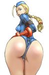 1girl ahoge antenna_hair ass back_cutout bad_id bare_shoulders beret blonde_hair blue_eyes blue_leotard bombomb25 braid breasts cammy_white capcom erect_nipples female fingerless_gloves gloves hat highres huge_ahoge huge_ass leotard long_hair looking_back low-tied_long_hair medium_breasts open_mouth panties pov_ass ribbed_leotard scar solo street_fighter sweatdrop thong thong_leotard tied_hair twin_braids underwear