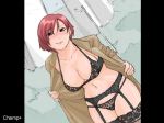  1girl black_bra black_panties blush bra breasts champ+ flashing garter_belt lingerie navel panties red_hair short_hair solo underwear 