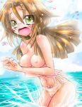 1girl azuma_satori bamboo_blade blush breasts green_eyes long_hair lowres nipples open_mouth panties solo topless underwear water wet