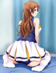 1girl 4423 ass bare_shoulders blue_panties brown_eyes brown_hair cheerleader chuunibyou_demo_koi_ga_shitai! high_res light_smile looking_back nibutani_shinka panties sitting skirt solo underwear wariza