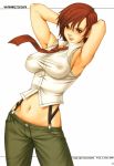  1girl blush breasts brown_eyes character_name female female_only green_pants hands_behind_head king_of_fighters nipples red_hair saigado snk solo the_yuri_&amp;_friends tie vanessa vanessa_(king_of_fighters) 