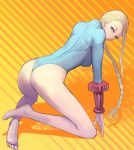 1girl all_fours armor ass bangs barefoot blonde_hair blue_eyes blue_leotard bracer braid breasts cammy_white capcom diagonal_stripes feet full_body hair_over_shoulder hidezi highleg highleg_leotard highres large_breasts legs legs_apart legs_crossed leotard long_hair looking_at_viewer looking_back one-piece_thong orange_background panties ribbed_leotard shadow single_braid soles solo street_fighter striped striped_background thong thong_leotard turtleneck underwear vambraces very_long_hair