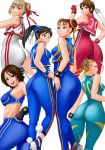 6+girls ;) ahoge alternate_color alternate_costume alternate_hairstyle antenna_hair ass asuka_kazama back bandai_namco bangs bare_shoulders black_eyes black_hair blonde_hair blue_bodysuit blue_eyes bodysuit bracelet breasts brown_eyes brown_hair cammy_white capcom chinese_clothes chun-li chun-li_(cosplay) cosplay crop_top cropped_jacket cropped_vest crossover double_bun double_vertical_stripe emilie_de_rochefort erect_nipples eye_contact fingerless_gloves flipped_hair from_behind gloves grey_hair hair_ornament hair_ribbon hair_up hand_on_hip hands_on_hips happy headband high_ponytail highres huge_ass jewelry kneepits large_breasts light_smile ling_xiaoyu long_hair looking_at_another looking_at_viewer looking_back midriff multiple_girls namco one_eye_closed parted_lips pom_pom_(clothes) ponytail profile ribbon sakura_kasugano shoes short_hair side_slit sidelocks simple_background skin_tight sleeveless smile sneakers spandex spiked_bracelet spikes sports_bra standing street_fighter street_fighter_x_tekken street_fighter_zero street_fighter_zero_(series) studded_bracelet taut_clothes tekken thumbs_up twintails unitard vest white_background wink zonda_(solid_air)