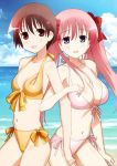 2girls beach bikini blue_eyes blush brown_eyes brown_hair cloud front-tie_top hair hair_ribbon haramura_nodoka holding_arm long_hair miyanaga_saki multiple_girls official_art open_mouth pink_bikini pink_hair ribbon saki_(series) saki_achiga-hen scan short_hair side-by-side side-tie_bikini sky smile standing swimsuit twin_tails yellow_bikini