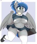 1girl absurd_res an-tonio anthro bibbo_(oc) blue_hair bra clothing equid equine freckles friendship_is_magic furry grey_body hair hasbro high_res mammal my_little_pony navel nipple_outline panties pegasus raised_clothing raised_shirt slightly_chubby underwear upskirt wings