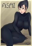  1girl areola arm_support ashi_(samurai_jack) bedroom_eyes big_breasts black_eyes blush bodypaint bodysuit breasts cleavage daughters_of_aku falkeart lips looking_at_viewer navel nipples samurai_jack short_hair sitting skin_tight thick_thighs thighs 