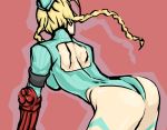  1girl 90s armband armor ass back_cutout bb_(baalbuddy) bent_over blonde_hair blue_leotard bodypaint braid cammy_white capcom from_behind garrison_cap hat japanese_armor kote leotard long_hair solo street_fighter street_fighter_zero street_fighter_zero_(series) street_fighter_zero_3 thong_leotard twin_braids 