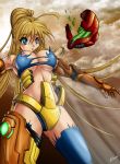  blonde_hair blue_eyes breasts female metroid outdoors power_armor samus_aran sky solo varia_suit wardrobe_malfunction 