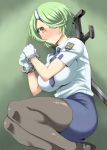 1girl :< cuffs evangeline_ak_mcdowell_osaka eyepatch green_hair handcuffs ishioto otonashi_kiruko pantyhose shinmai_fukei_kiruko-san short_hair solo yellow_eyes