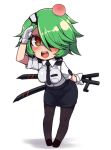 1girl :d big_breasts black_legwear blush breasts chibi eyepatch gloves green_hair hair_over_one_eye head_bump large_breasts looking_at_viewer neck_tie necktie null_(nyanpyoun) open_mouth otonashi_kiruko pantyhose pencil_skirt salute shinmai_fukei_kiruko-san short_hair simple_background skirt smile solo tonfa uniform weapon white_background yellow_eyes