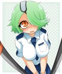 1girl big_breasts bioroid_hei blush breast_squeeze breasts dual_wielding eyepatch gloves green_hair hair_ornament hair_over_one_eye impossible_clothes impossible_shirt large_breasts looking_at_viewer looking_up neck_tie necktie open_mouth orange_eyes otonashi_kiruko pencil_skirt police police_uniform policewoman ringed_eyes shinmai_fukei_kiruko-san shirt short_hair simple_background skirt smile solo tonfa uniform wavy_mouth weapon white_border yellow_eyes