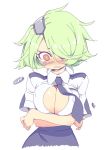 1girl big_breasts blush breast_lift breasts bursting_breasts buttons cleavage crossed_arms eyepatch green_hair hair_over_one_eye impossible_clothes large_breasts neck_tie necktie open_clothes open_mouth open_shirt otonashi_kiruko popped_button ringed_eyes shinmai_fukei_kiruko-san shirt short_hair simple_background skirt solo sumaki_shungo tears wardrobe_malfunction wavy_mouth white_background yellow_eyes