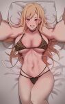  1girl 2022 alluring arms_up big_breasts bikini black_bikini blonde_hair breasts female_only flower_pattern foxy_rain foxyreine gyaru hips kitagawa_marin long_hair looking_at_viewer lying_on_back lying_on_bed red_eyes selfpic slim_waist smile sono_bisque_doll_wa_koi_wo_suru thick_thighs thighs wide_hips wip work_in_progress 