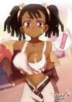 1girl bad_id bandaid basquash! big_breasts black_hair breasts brown_eyes cleavage dark-skinned_female dreadlocks jacket jet_yowatari midriff miyuki_ayukawa navel red_eyes short_hair solo tank_top