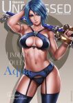 1girl abs alluring aqua_(kingdom_hearts) athletic_female blue_bra blue_eyes blue_hair blue_lingerie blue_panties bra breasts dandon_fuga disney female_abs female_only fit_female garter_belt garter_straps keyblade kingdom_hearts lingerie magazine_cover midriff panties pinup short_hair smile solo_focus square_enix stockings text underwear weapon