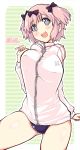 +_+ 1girl :d blush bow breasts buruma do_(taka) hair_bow hibari_(senran_kagura) high_res highres open_mouth pink_hair senran_kagura senran_kagura_(series) short_hair short_twintails smile solo thighs track_jacket twin_tails twintails