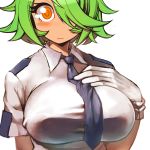 1girl asakawa_remon big_breasts blush breasts gloves green_hair hair_over_one_eye large_breasts neck_tie necktie otonashi_kiruko police police_uniform shinmai_fukei_kiruko-san short_hair solo tears uniform white_background white_gloves yellow_eyes