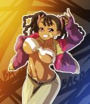 1girl bandaid basquash! big_breasts breasts brown_hair dark-skinned_female dreadlocks grin jacket large_breasts long_hair midriff miyuki_ayukawa navel nekomamire purple_eyes smile solo tank_top twin_tails twintails underboob