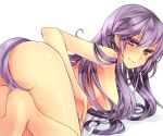 1girl ass barefoot blush inazuma_eleven inazuma_eleven_(series) inazuma_eleven_go inazuma_eleven_go_chrono_stone kokuchuutei long_hair looking_back nude pink_eyes purinndarute purple_hair red_eyes simple_background smile solo white_background zhuge_kongming_(inazuma_eleven)