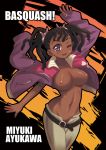 1girl bandaid basquash! belly belt big_breasts blush dark-skinned_female dreadlocks highres jacket kure_(beniya) midriff miyuki_ayukawa navel nipples no_panties one_eye_closed purple_eyes pussy pussy_peek solo topless twin_tails twintails uncensored wink