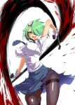 1girl big_breasts black_legwear blood blush breasts clearite covered_nipples crotch_seam dual_wielding erect_nipples eyepatch gloves green_hair hair_ornament hair_over_one_eye high_res highres impossible_clothes impossible_shirt large_breasts looking_at_viewer neck_tie necktie open_mouth otonashi_kiruko panties panties_under_pantyhose pantyhose police police_uniform policewoman ringed_eyes shinmai_fukei_kiruko-san shirt short_hair simple_background skirt smile solo thighband_pantyhose tonfa torn_clothes underwear uniform weapon white_background yellow_eyes