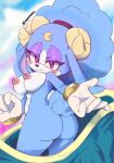  2023 anthro ariem ass bedroom_eyes big_breasts blue_fur blue_hair blush bovid bracelets breasts caprine clothes_down female hairband horns long_ears looking_at_viewer looking_back nipples nude pepamintop pink_eyes pink_nipples purple_eyeshadow sega sheep smiling sonic_dream_team sonic_the_hedgehog_(series) tail viewed_from_side welcoming 