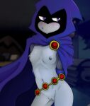 1girl :o bedroom belt blush breasts cloak dc_comics grey_skin looking_away mostly_nude navel nipples purple_eyes pussy raven_(dc) scheissegeist shy small_breasts standing tagme teen_titans