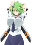 1girl arms_up blush breasts bursting_breasts eyepatch green_hair looking_at_viewer neck_tie necktie otonashi_kiruko shinmai_fukei_kiruko-san short_hair simple_background skirt smile solo sword weapon white_background yellow_eyes zanku