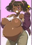 bandaid basquash! big_breasts breasts dark-skinned_female fingerless_gloves gloves miyuki_ayukawa navel navel_piercing nipple_piercing nipples no_bra no_panties oekaki piercing pregnant pussy smile tenseiani twin_tails twintails uncensored wink