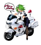 1girl big_breasts black_legwear blush breasts eyepatch getter gloves green_hair hair_over_one_eye highres impossible_clothes kitsune-tsuki_(getter) large_breasts motor_vehicle motorcycle neck_tie necktie open_mouth otonashi_kiruko pantyhose pencil_skirt police police_uniform policewoman riding shinmai_fukei_kiruko-san short_hair simple_background sitting skirt solo text translated uniform vehicle white_background yellow_eyes